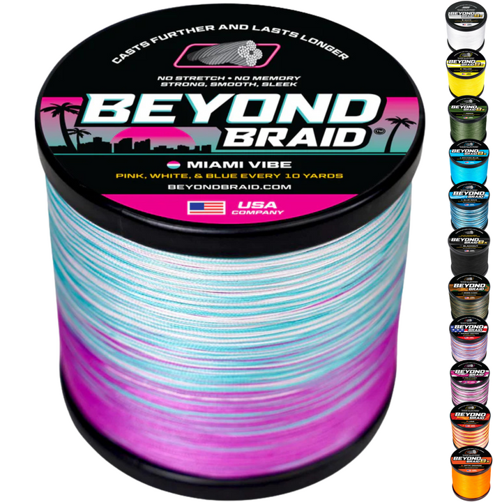 Beyond Braid Miami Vibe fishing line in pink, white, and blue, 300 yards, 8 lb test, showing the colorful braided nylon spool.