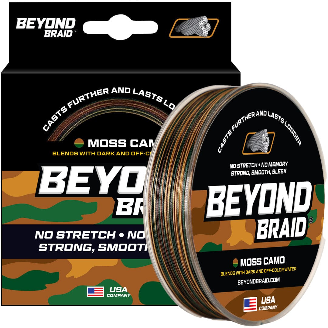 Beyond Braid Moss Camo fishing line spool, 300 yards, 8lb test, suitable for fishing or outdoor activities.