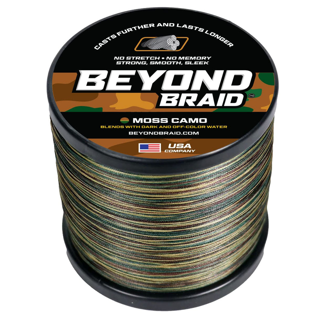 Beyond Braid Moss Camo fishing line spool, 300 yards, 8lb test, camouflage design for outdoor fishing scenarios.