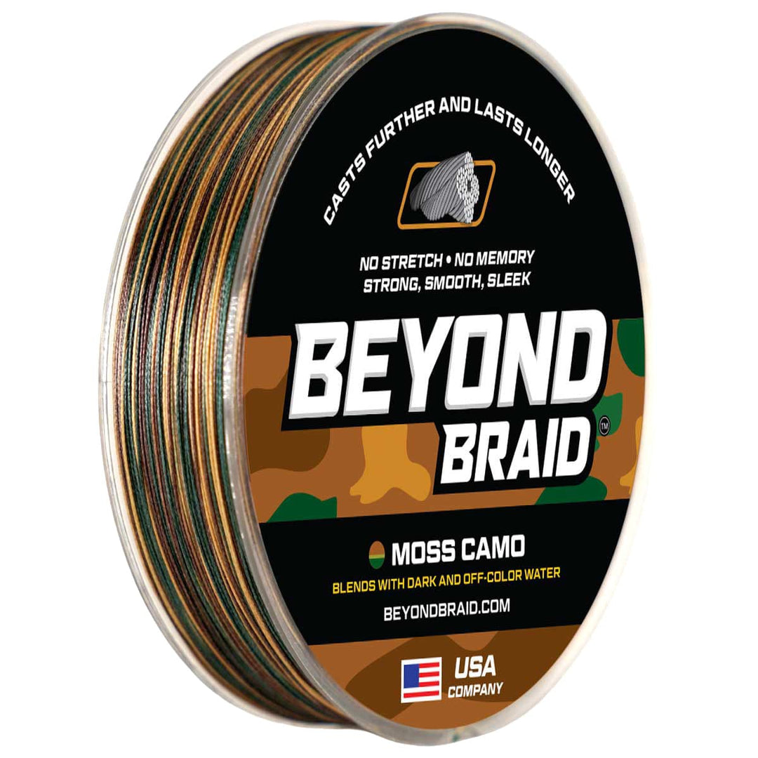 Beyond Braid Moss Camo fishing line spool, 300 yards, 8lb test, suitable for camouflage fishing and outdoor activities.