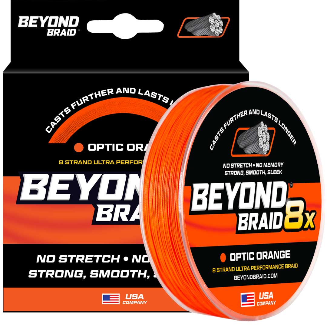 Beyond Braid Optic Orange 8X Ultra Performance 8-Strand fishing line, 300 yards, 8lb test, vibrant orange color