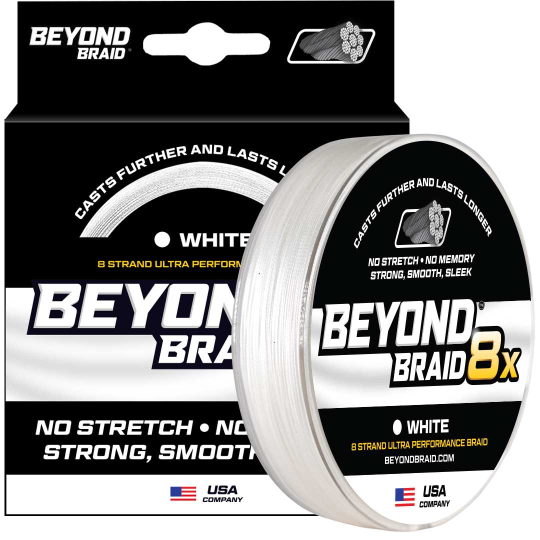 White Beyond Braid 8X Ultra Performance 8 Strand fishing line, 300 yards, 8lb strength, durable and high quality.