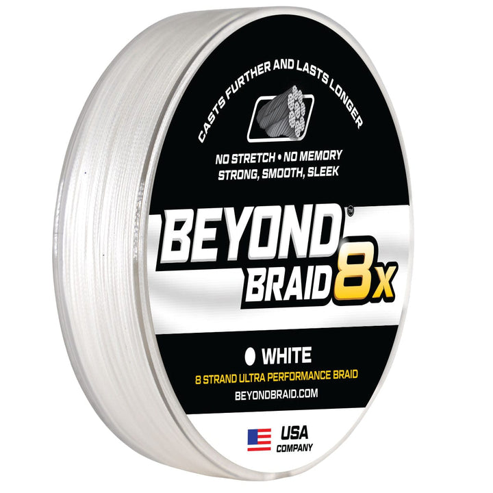 White Beyond Braid 8X Ultra Performance 8-Strand fishing line, 300 yards, designed for strength and durability.