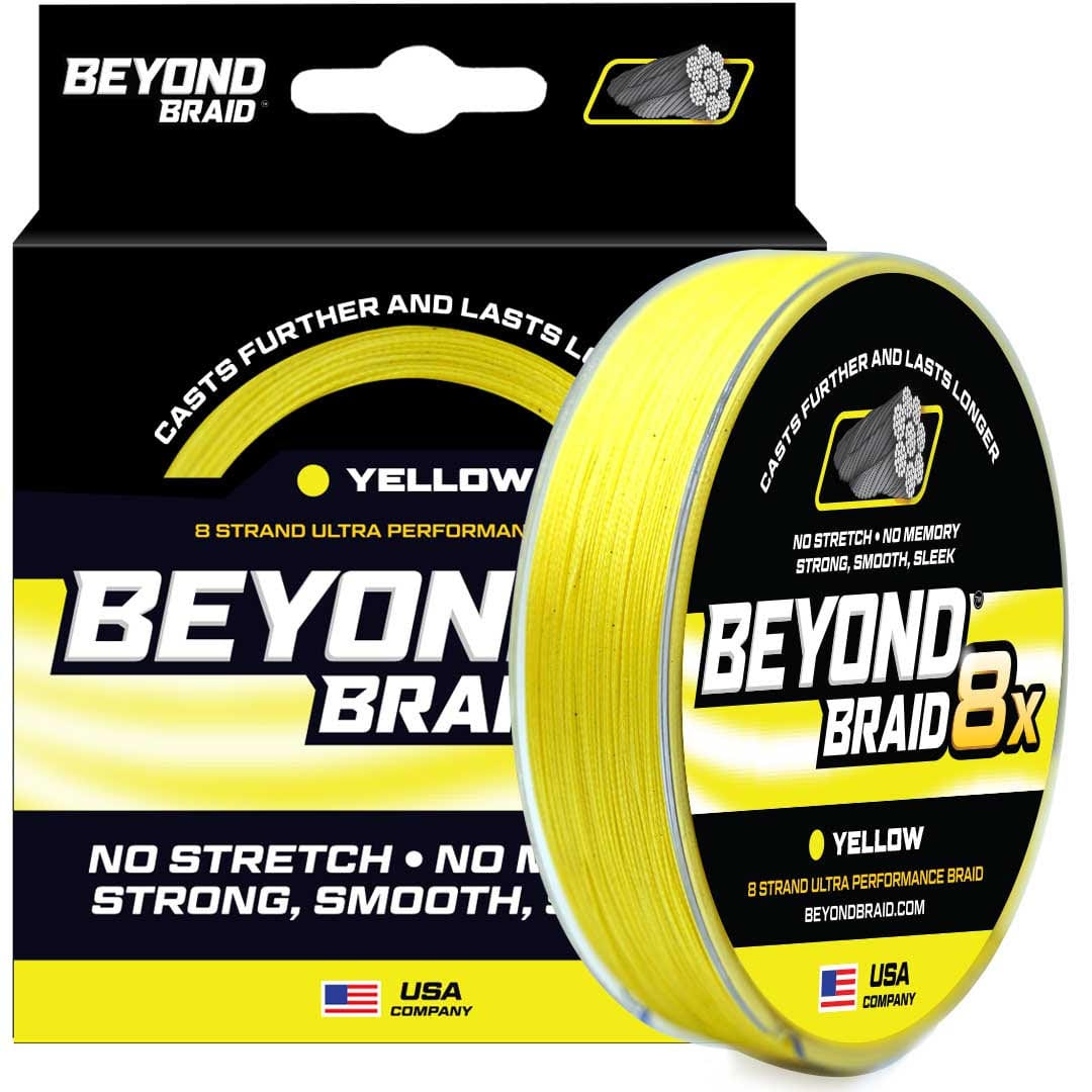 Yellow Beyond Braid 8X Ultra Performance 8-Strand fishing line, 300 yards, 8 lb test, high-strength and durable.