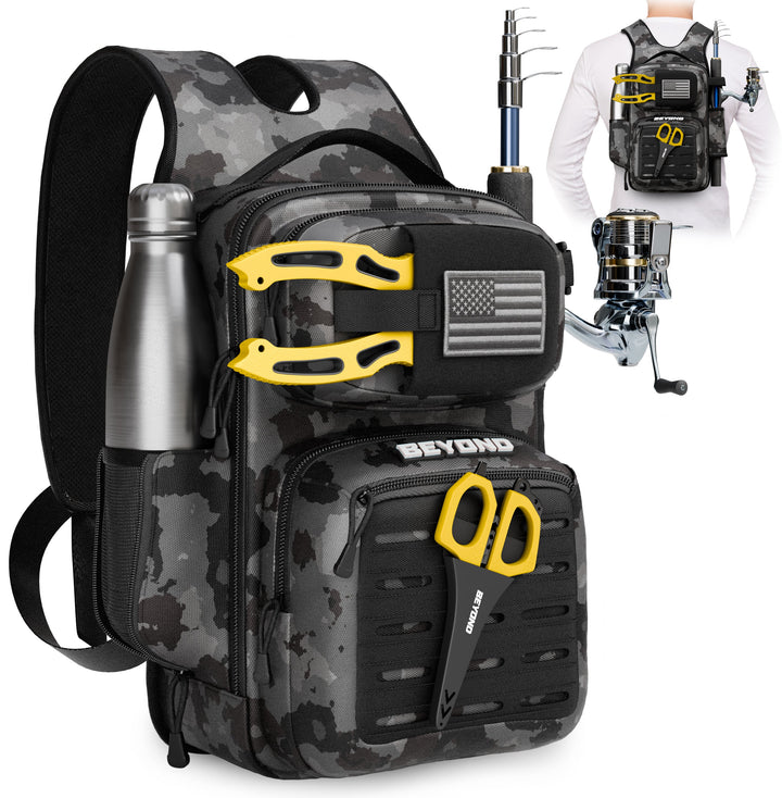 All-black Beyond Braid Voyager fishing tackle bag with multiple compartments and sturdy handles, designed for organized fishing gear.