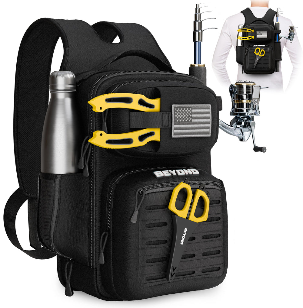All-black Beyond Braid Voyager fishing tackle bag with multiple compartments and adjustable straps for easy carrying.