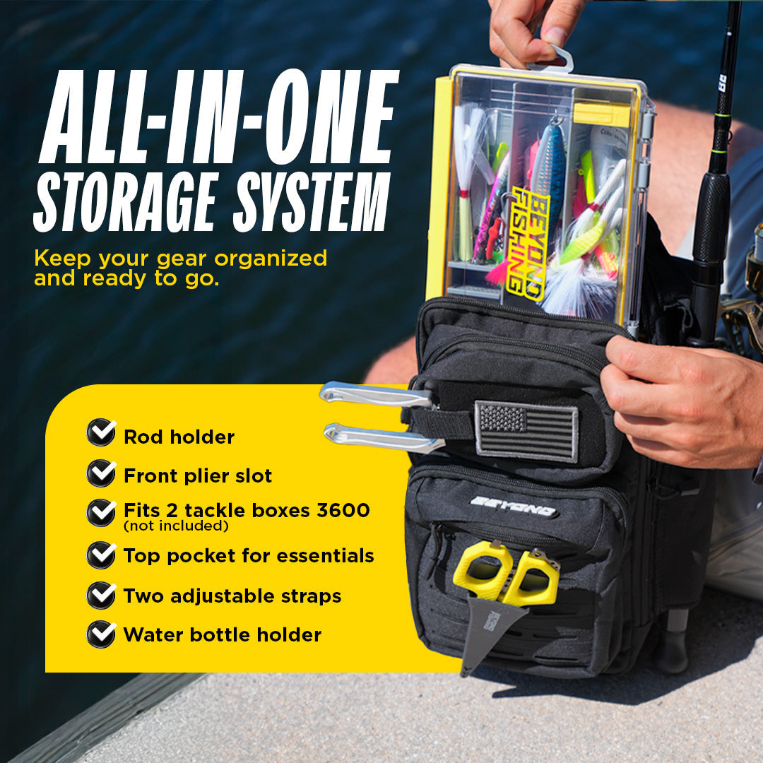 All-black Beyond Braid The Voyager fishing tackle bag with multiple compartments and sturdy handles for organized fishing gear storage.