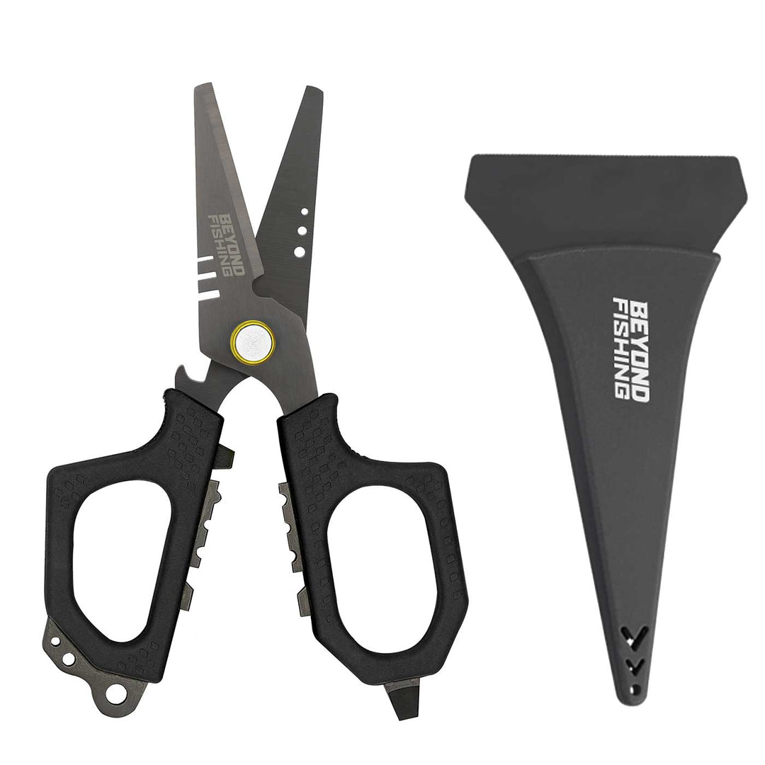 Beyond Braid 6.5-inch Pro Shears, premium braid cutting scissors with black handles, designed for fishing line and braid cutting.