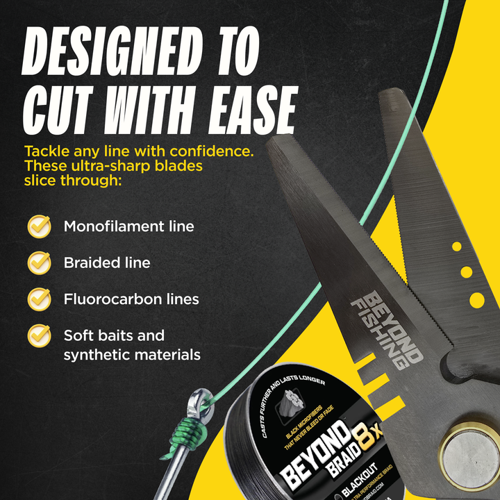 Beyond Braid 6.5-inch Pro Shears for fishing, premium braid cutting scissors with black handles, ideal for fishing line and braid cutting.