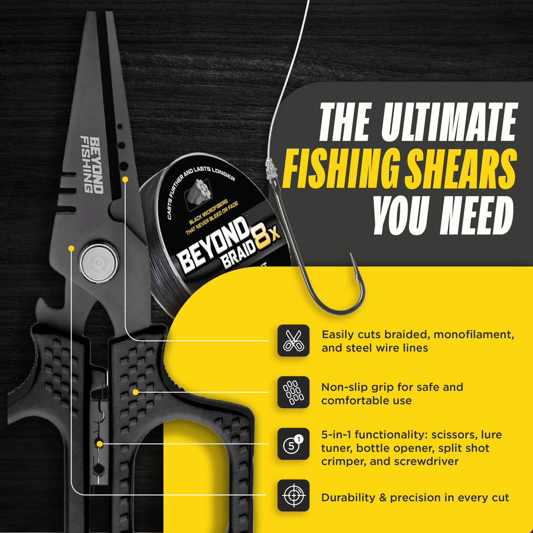 Beyond Braid 6.5-inch Pro Shears for fishing, premium braid cutting scissors with black handles and sharp blades.