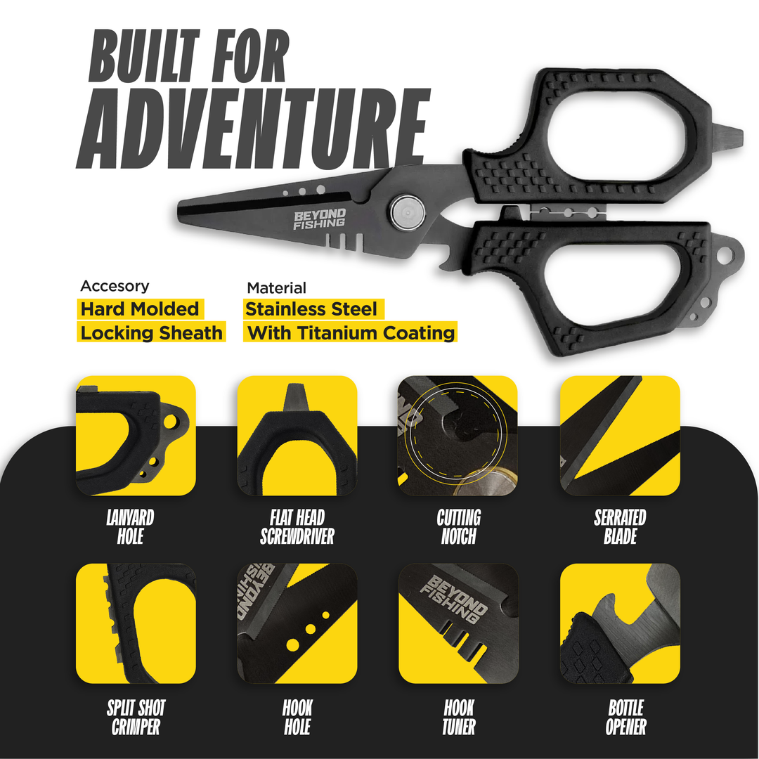 Beyond Braid 6.5-inch Pro Shears for premium braid cutting, black fishing scissors with sharp blades for tackle and line cutting.