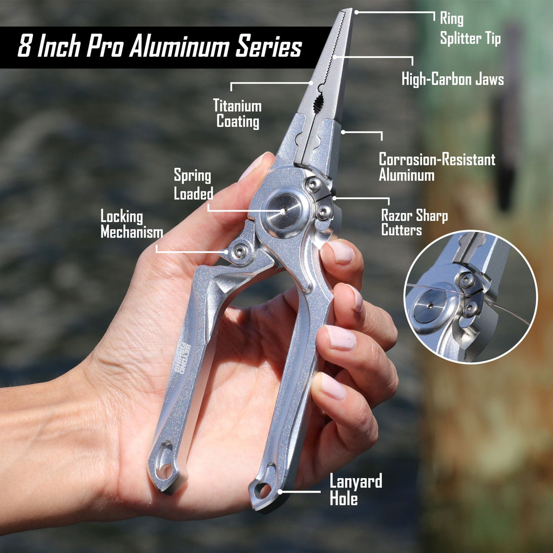 Beyond Braid Pro Aluminum Series 8-inch pliers with black handles, showcasing durable construction and ergonomic grip.