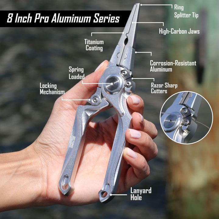 Beyond Braid Pro Aluminum Series 8-inch pliers with black handles, showcasing durable construction and ergonomic grip.