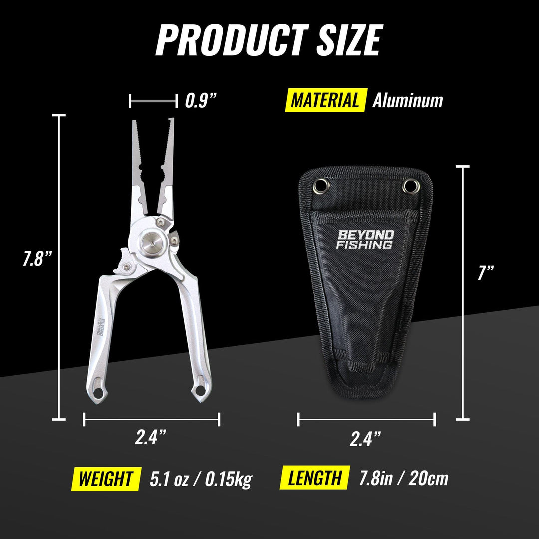 Beyond Braid Pro Aluminum Series 8-inch pliers with black handles and sturdy metal jaws for precise gripping and cutting.