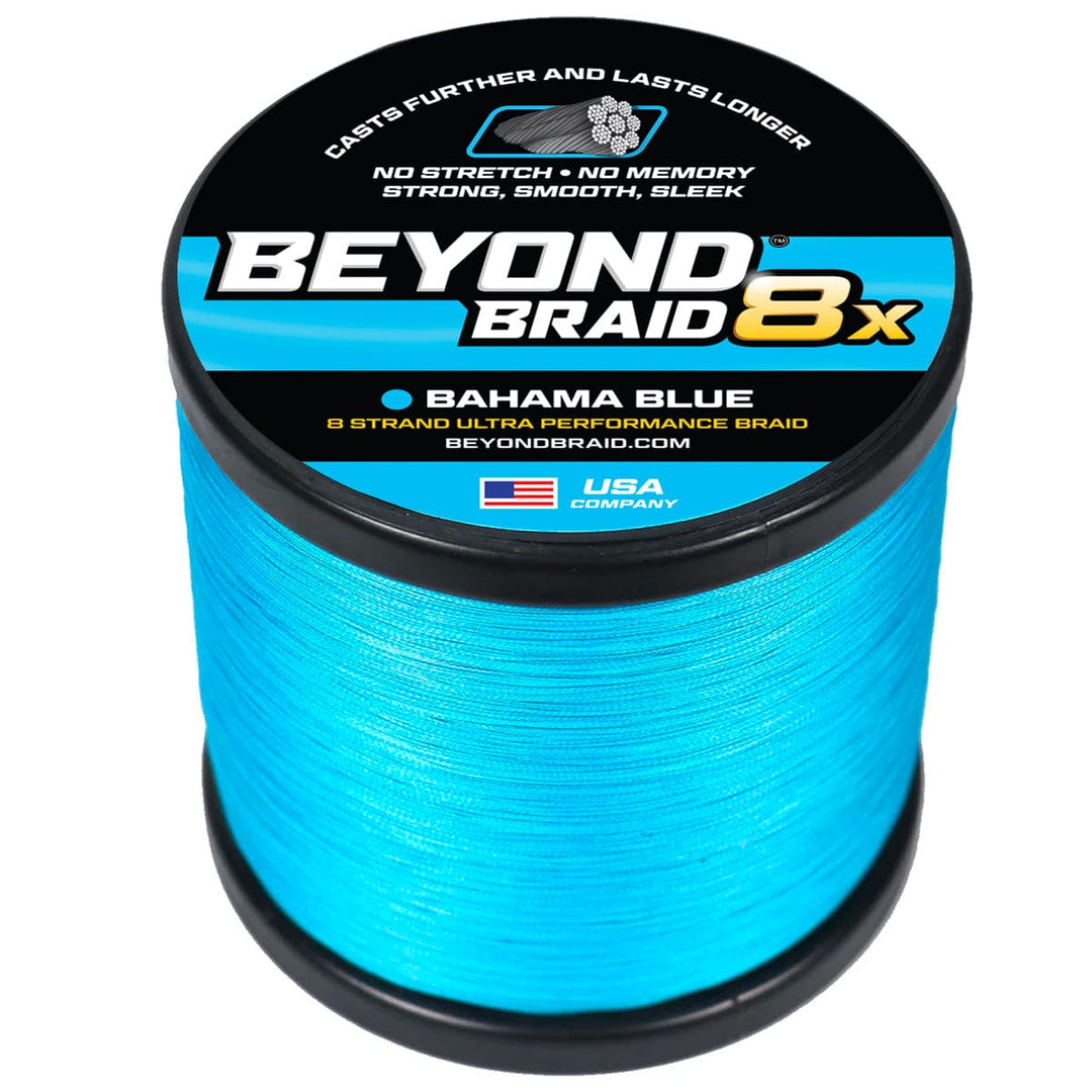 Beyond Braid blue braided fishing line, 8lb test, 300 yards, designed for saltwater and freshwater fishing, high-performance nylon line.