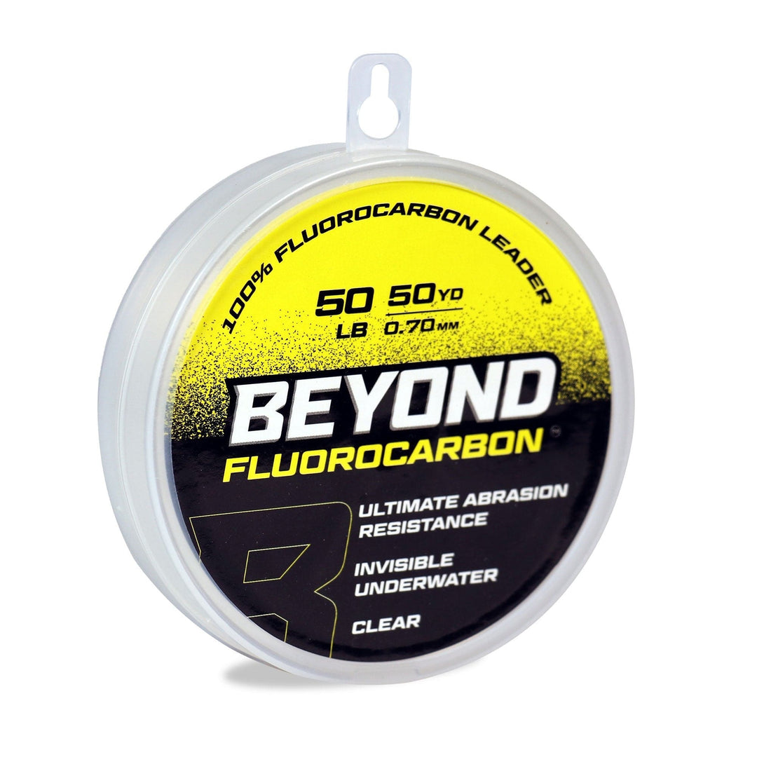 Beyond Braid fluorocarbon leader material 50-yard clear fishing line, suitable for bass and saltwater fishing, showing the transparent line.