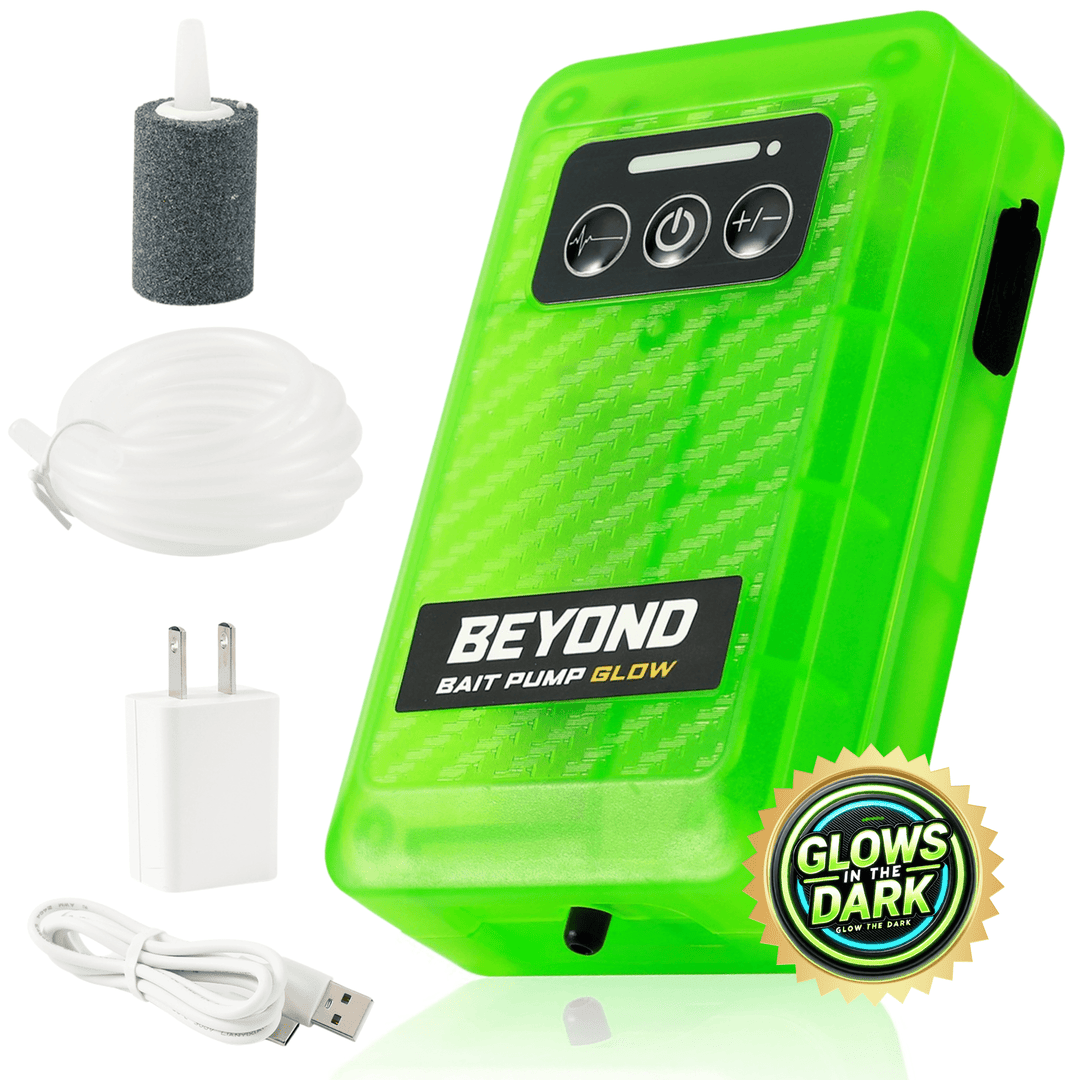 Beyond Braid Beyond Bait Pump rechargeable aerator with glow-in-the-dark bubbler for fish tanks and aquatic environments.