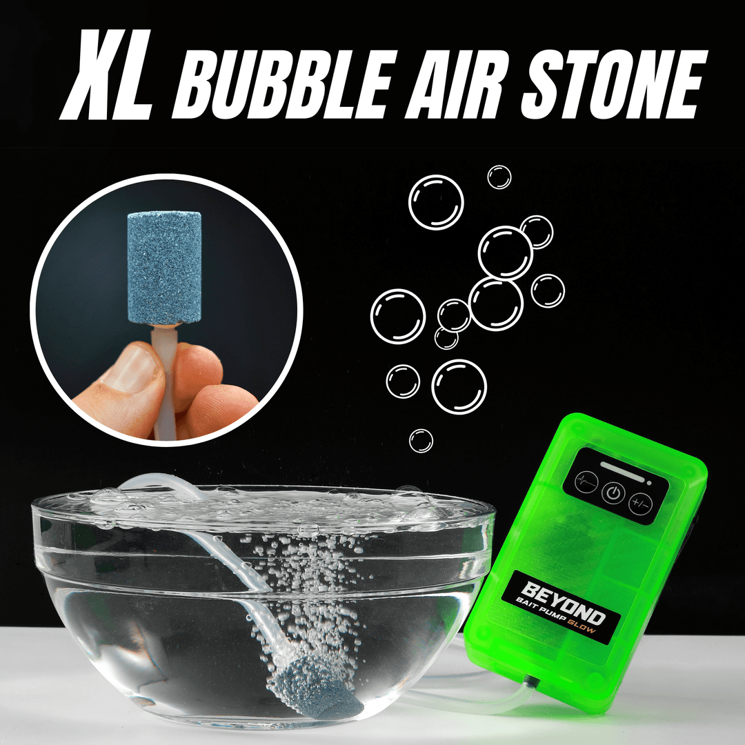 Beyond Braid Beyond Bait Pump rechargeable aerator with glow-in-the-dark bubbler, showing the device and illuminated bubbling effect.