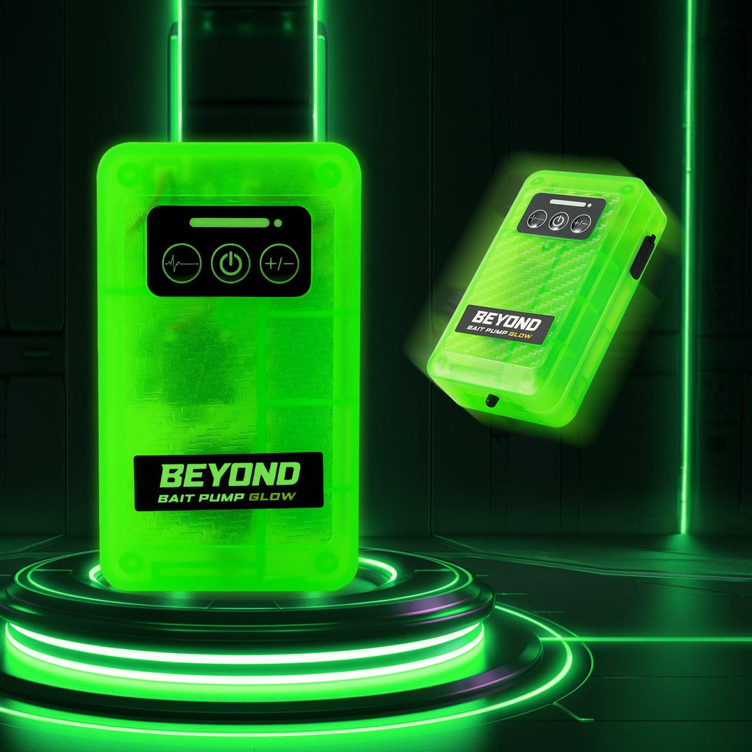 Beyond Braid Beyond Bait Pump rechargeable aerator with glow-in-the-dark bubbler for fishing, showing the device in use.
