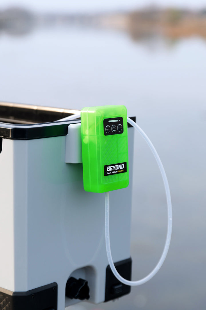 Rechargeable Beyond Bait Pump aerator with glow-in-the-dark bubbler, designed for fishing to oxygenate bait effectively.