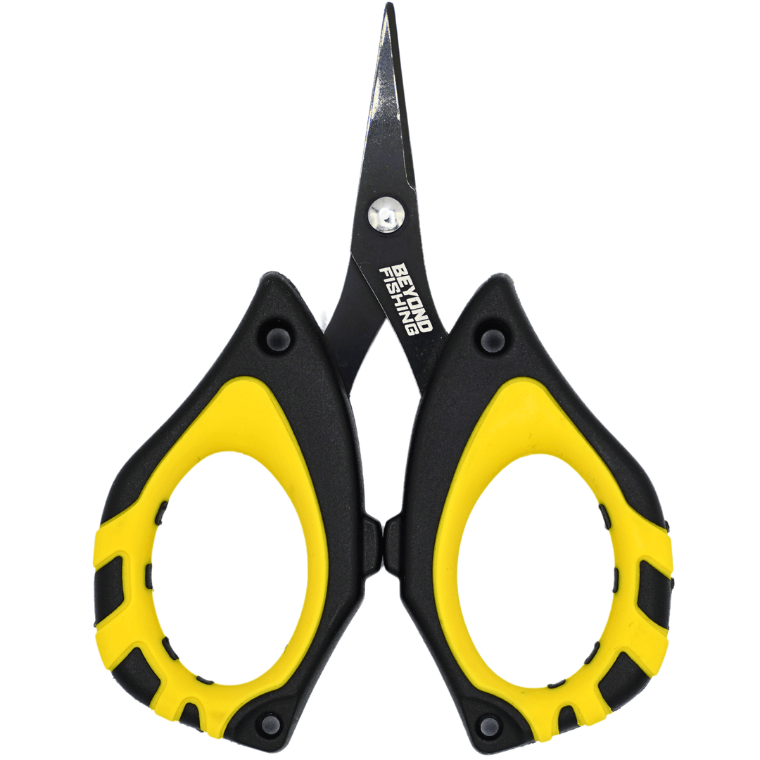 Mini Beyond Braid scissors for cutting braided fishing line, featuring sharp blades and compact design for precise fishing line trimming.