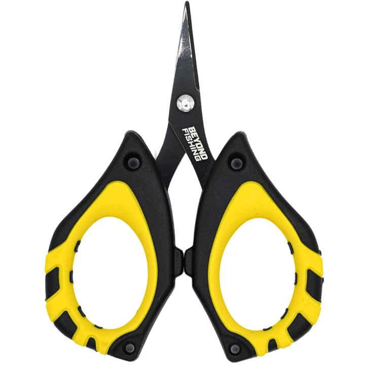 Mini Beyond Braid scissors for cutting braided fishing line, featuring sharp blades and compact design for precise fishing line trimming.