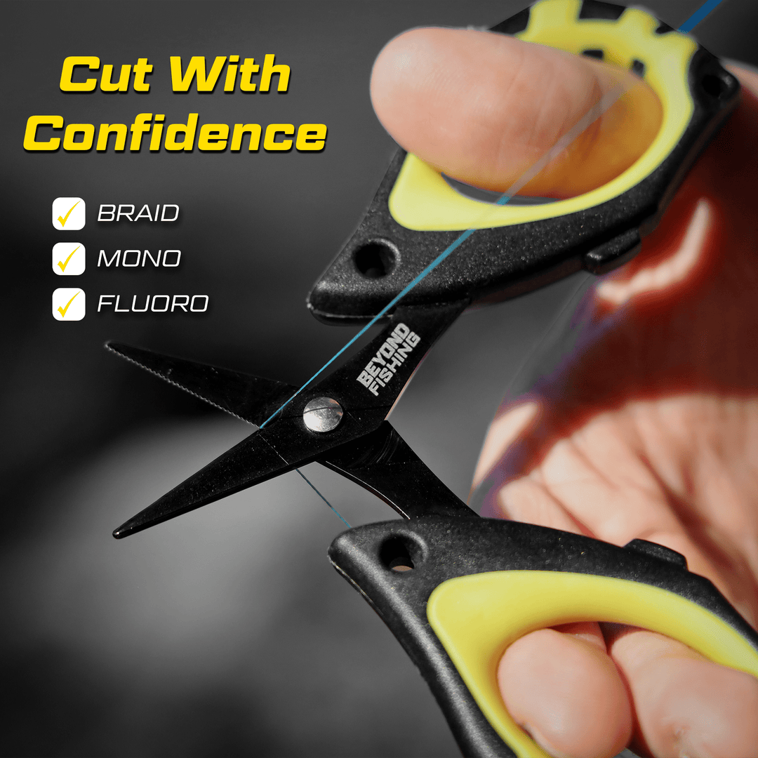Mini Beyond Braid scissors for cutting braided fishing line, featuring sharp blades and compact design for precise fishing line trimming.