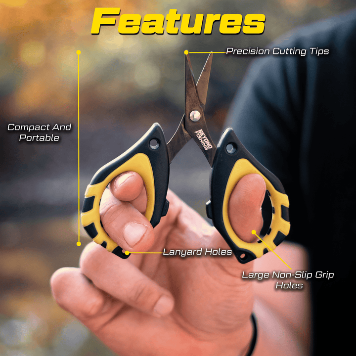 Mini Beyond Braid scissors for cutting braided fishing line, featuring sharp blades and compact design for fishing and line trimming.