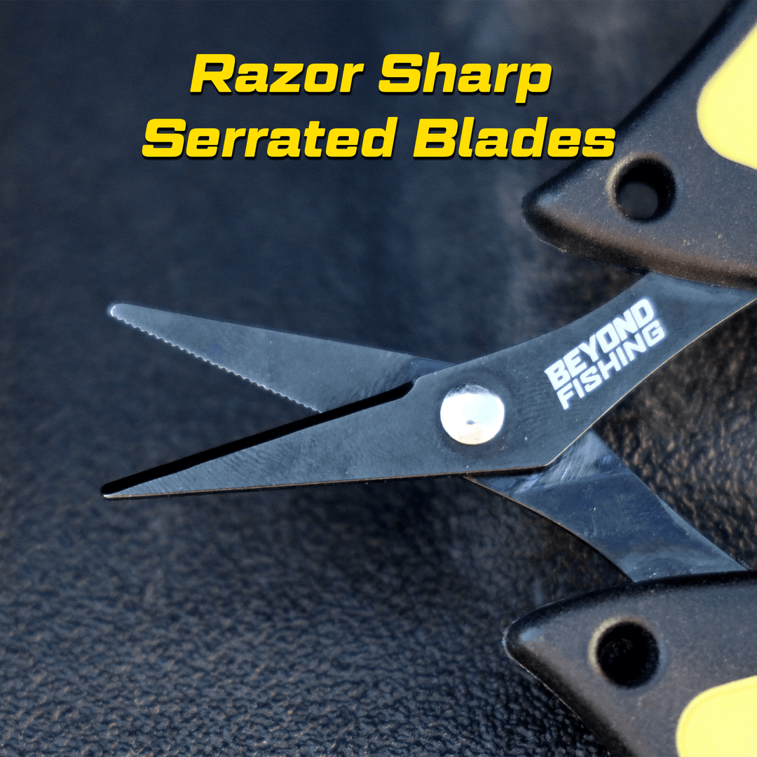 Mini Beyond Braid scissors designed for cutting braided fishing line, featuring sharp blades and compact ergonomic handles.
