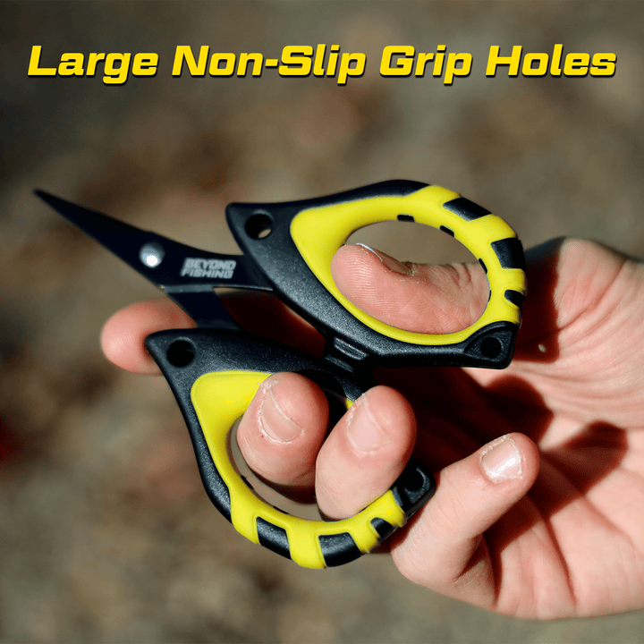 Mini scissors for cutting braided fishing line from Beyond Braid with sharp blades and compact design.