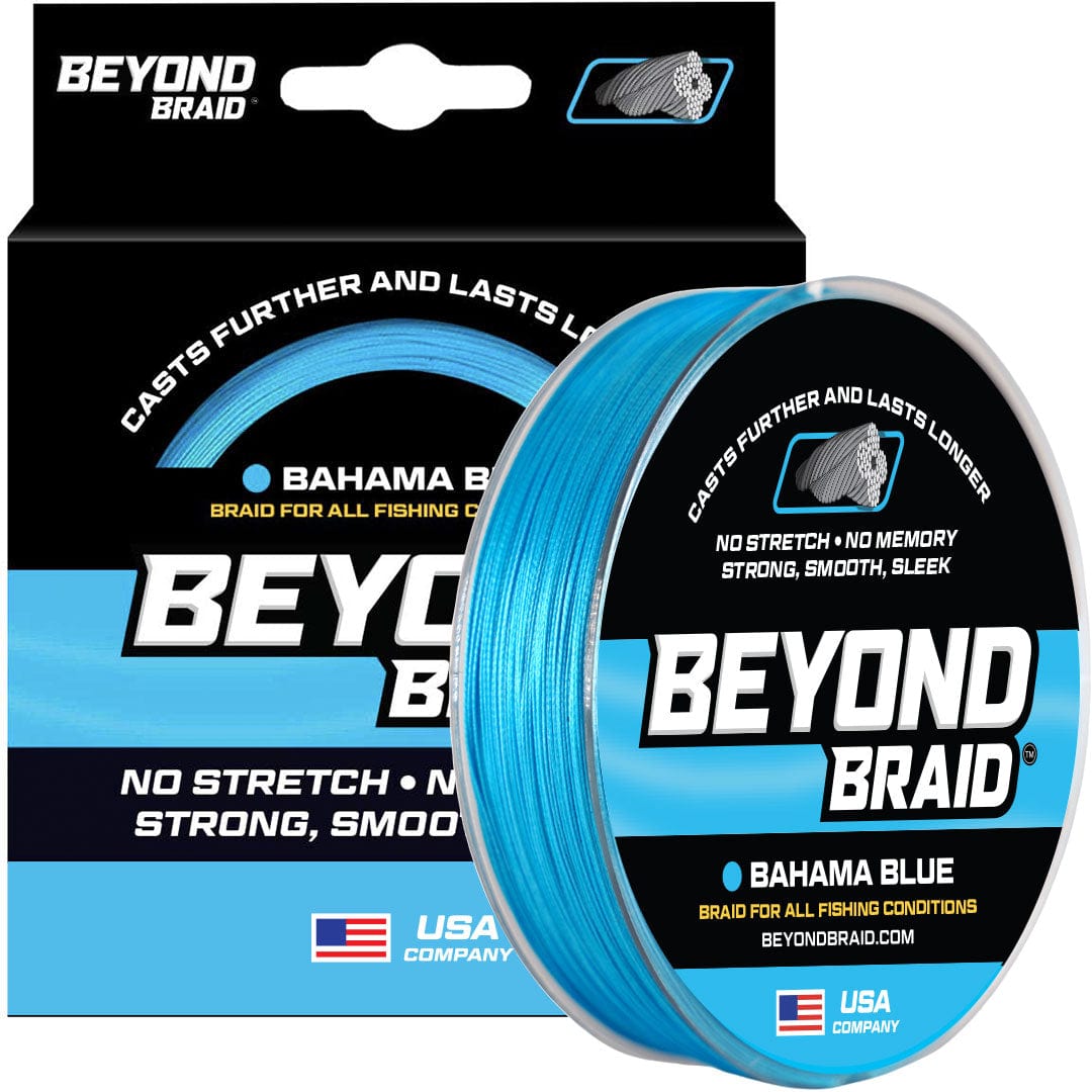 Beyond Braid all purpose 4X braid in Bahama Blue, 300 yards, showing the colorful, tightly woven fishing line spool.