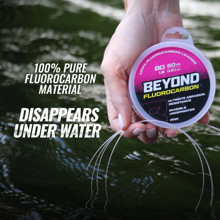 Pink Beyond Fluorocarbon Leader Material 50YD spool, transparent fishing line designed for enhanced durability and visibility.