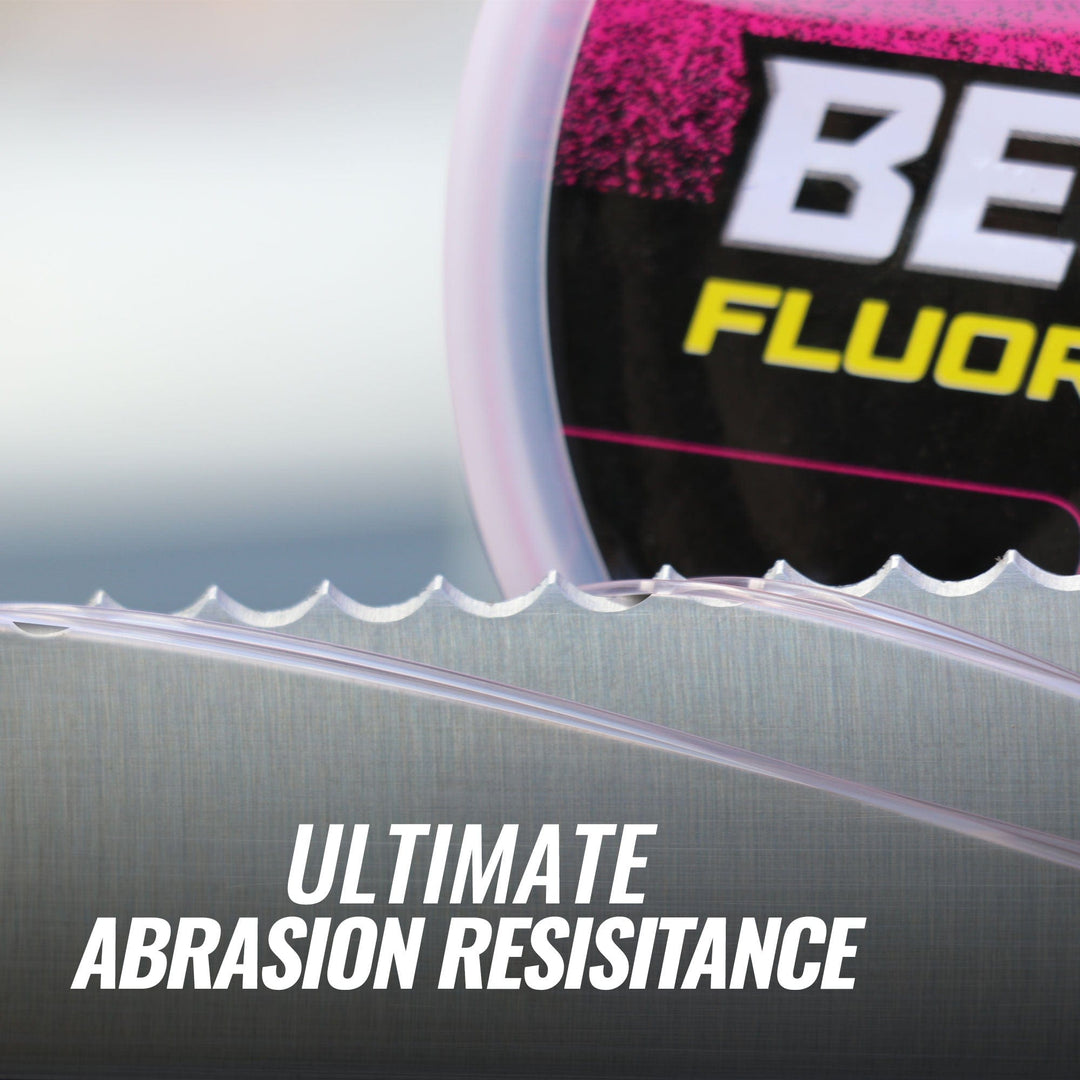 Pink Beyond Fluorocarbon Leader Material 50YD spool showing smooth, abrasion-resistant fishing line with clear branding.