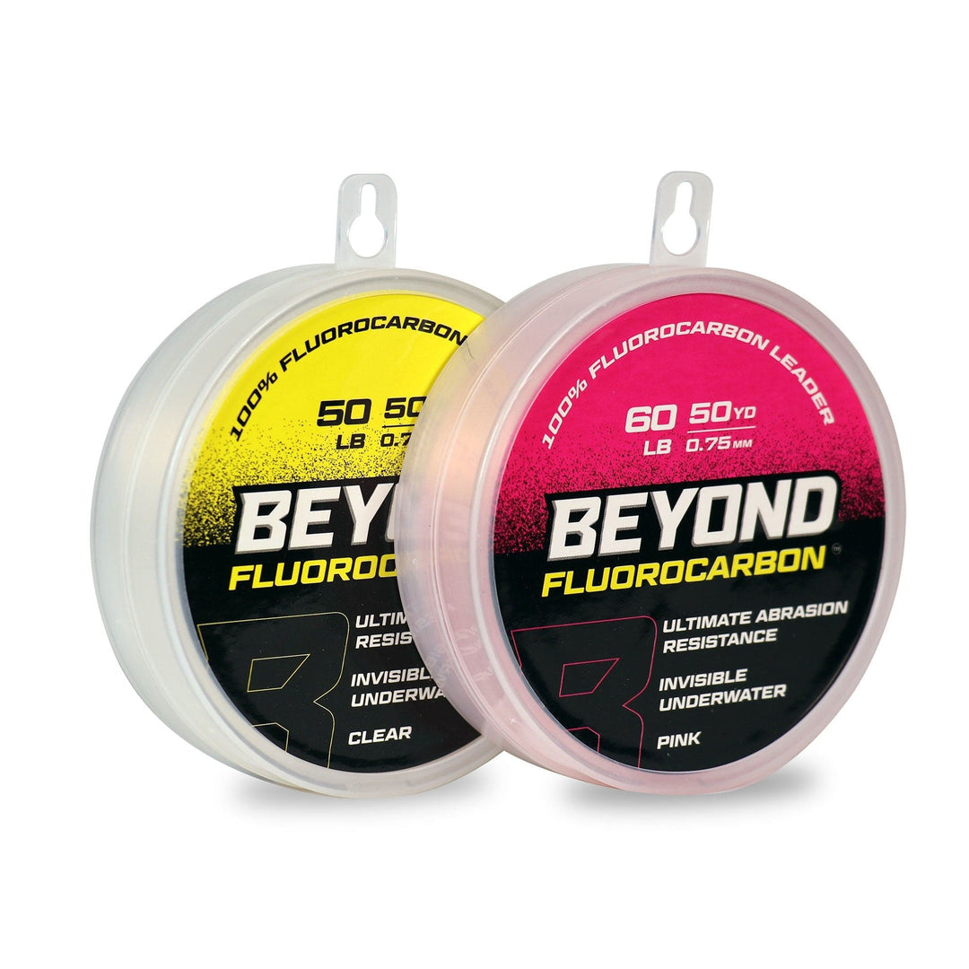 Beyond Braid fluorocarbon leader material in pink, 50 yards, showing the clear and pink options for fishing line.