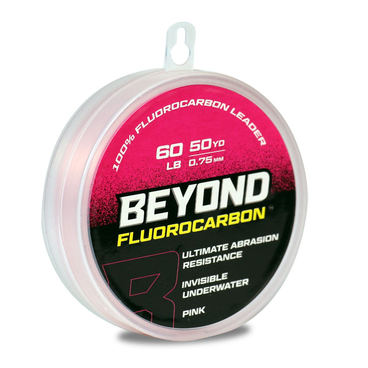 Beyond Braid fluorocarbon leader material in pink, 50 yards, 10 lb test, visible with transparent and pink options.