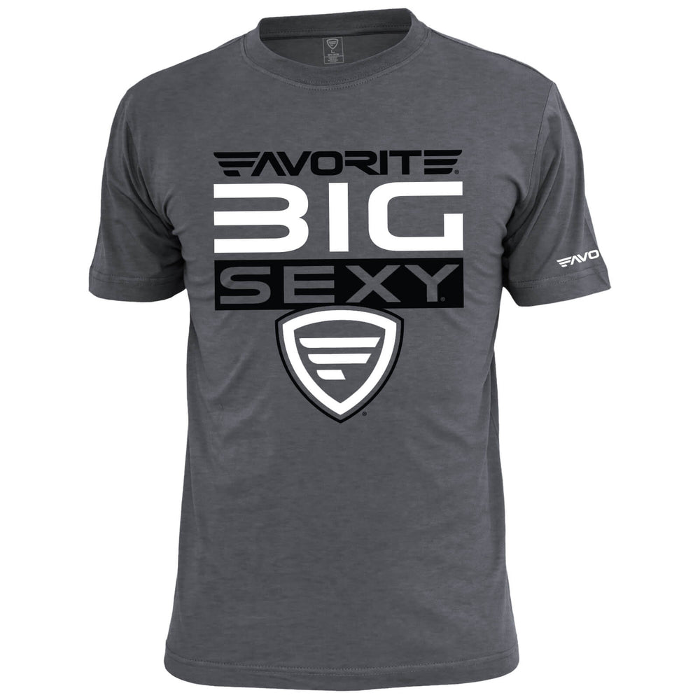 Favorite Fishing Big Sexy Stacked T-Shirt, black casual apparel with bold graphic design, front view.