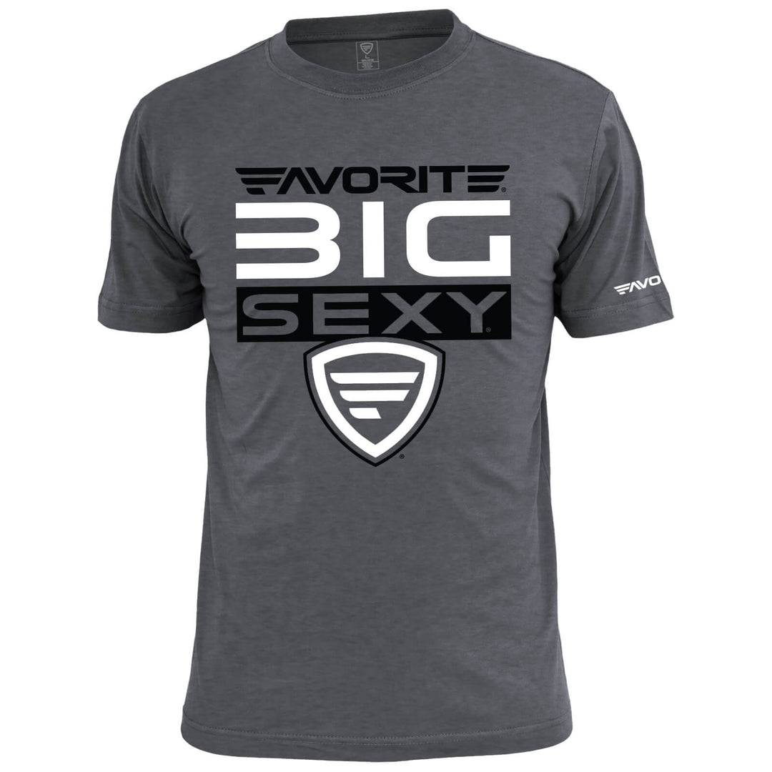 Favorite Fishing Big Sexy Stacked T-Shirt, black casual apparel with bold graphic design, front view.