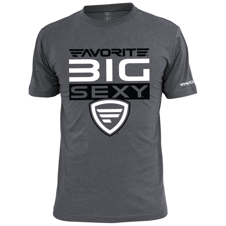 Favorite Fishing Big Sexy Stacked T-Shirt, black casual apparel with bold graphic design, front view.