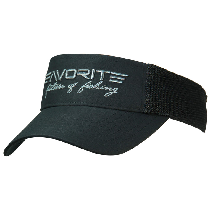 Black and silver Favorite Fishing visor hat with curved brim and adjustable strap, perfect for sun protection and outdoor activities.