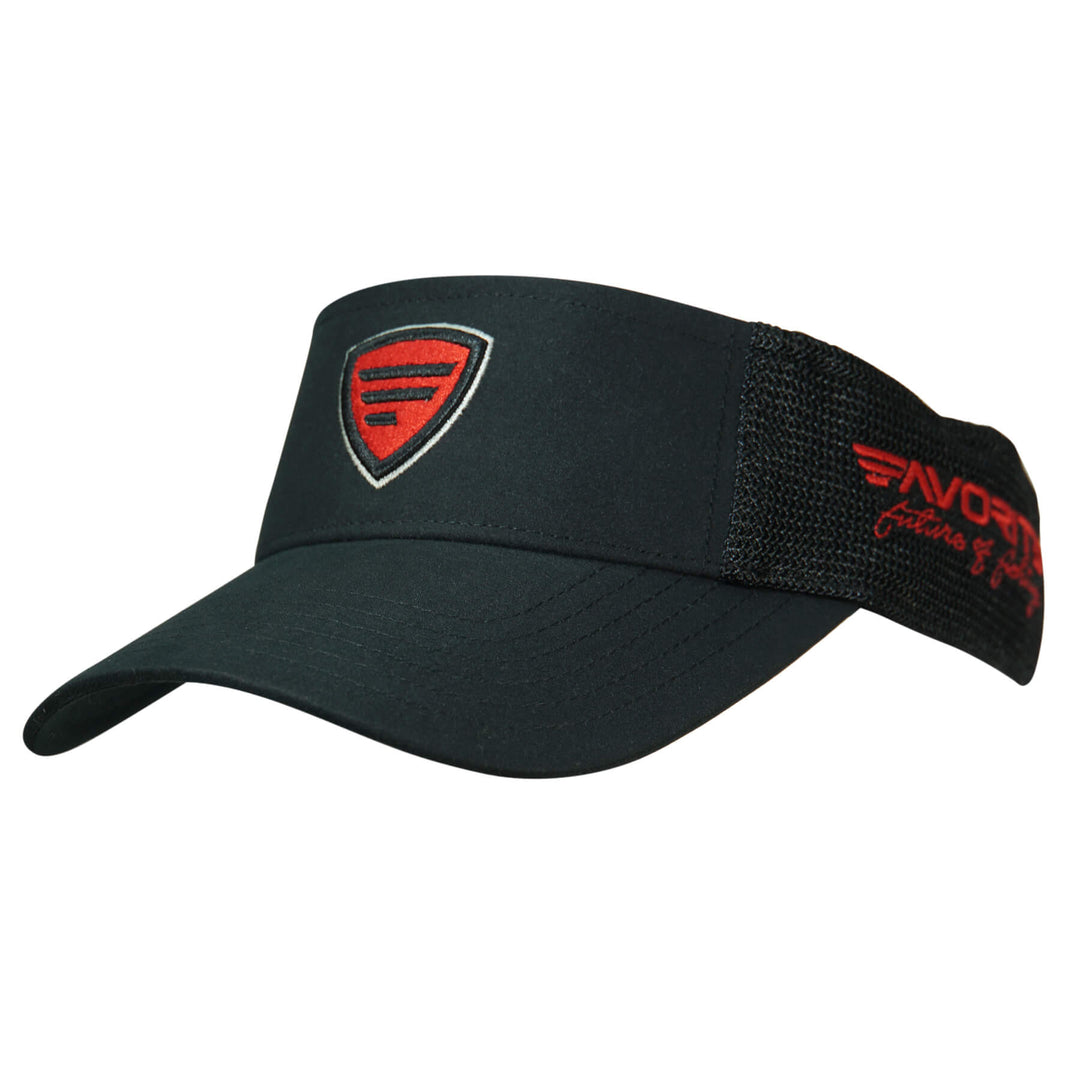 Black and red Favorite Fishing visor hat with a shield design, featuring a curved brim and adjustable strap.