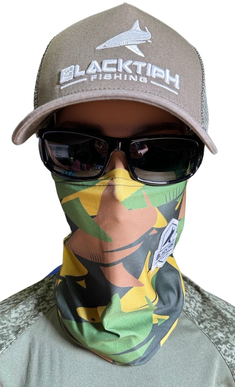 BlacktipH camo performance face shield, breathable and lightweight apparel accessory with a camouflage design for outdoor activities.
