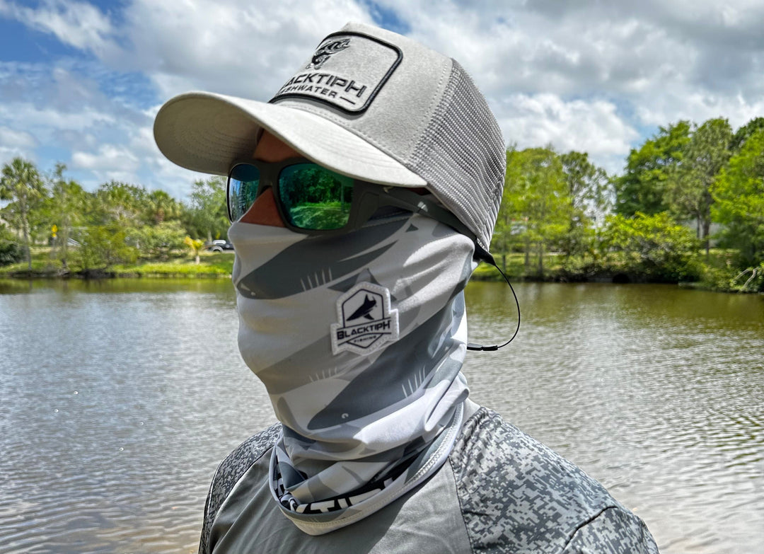 Gray BlacktipH performance face shield worn as apparel and accessories, covering the face for protection and style.