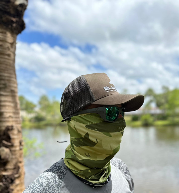 BlacktipH green performance face shield, lightweight apparel accessory, showing the adjustable head strap and breathable fabric design.