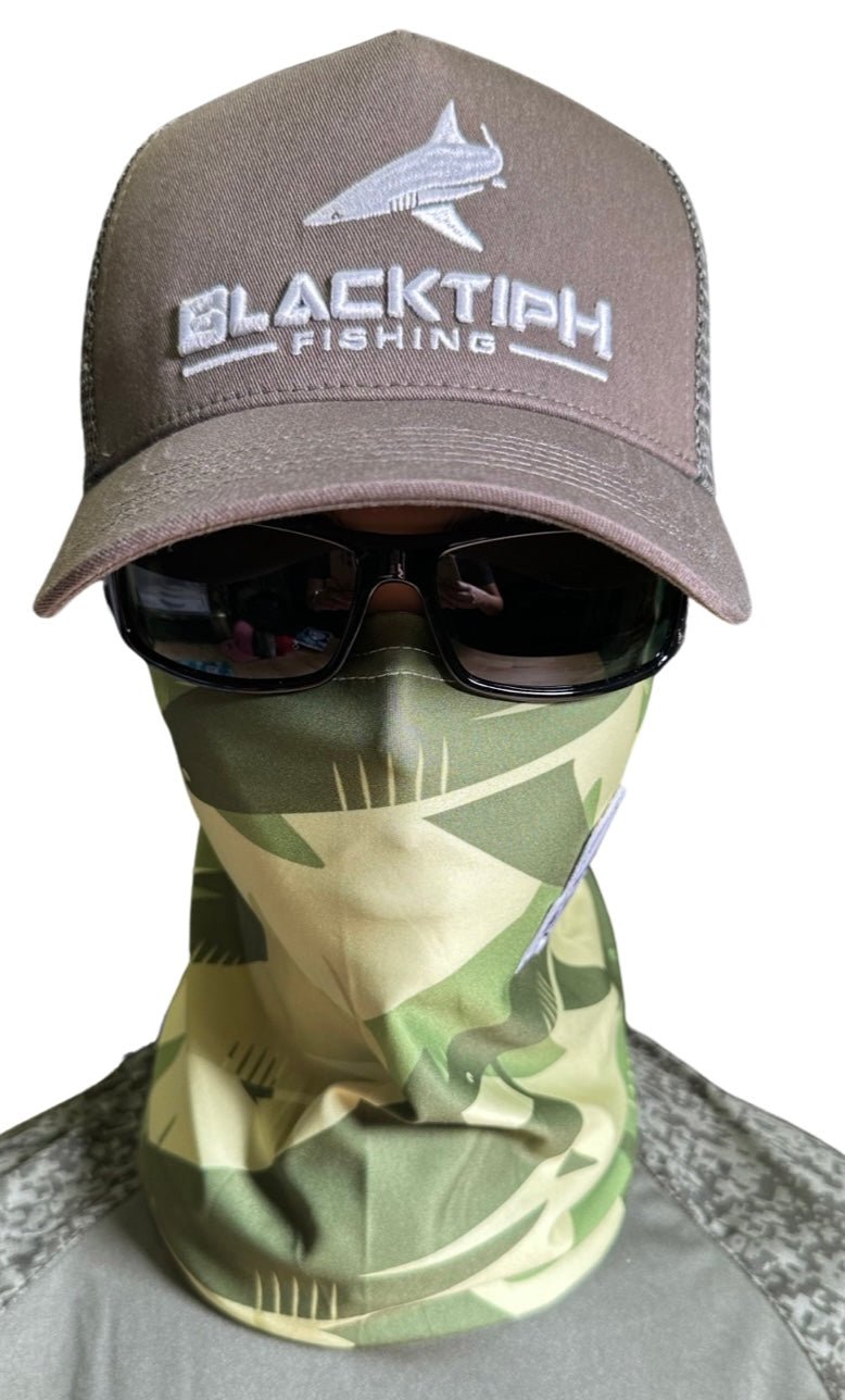 Green BlacktipH performance face shield, outdoor apparel and accessories, showing the adjustable head strap and breathable fabric.