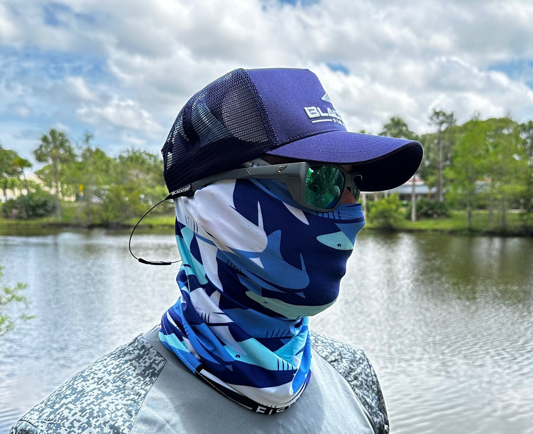 BlacktipH light blue performance face shield, breathable apparel accessory with adjustable strap, designed for outdoor activities.