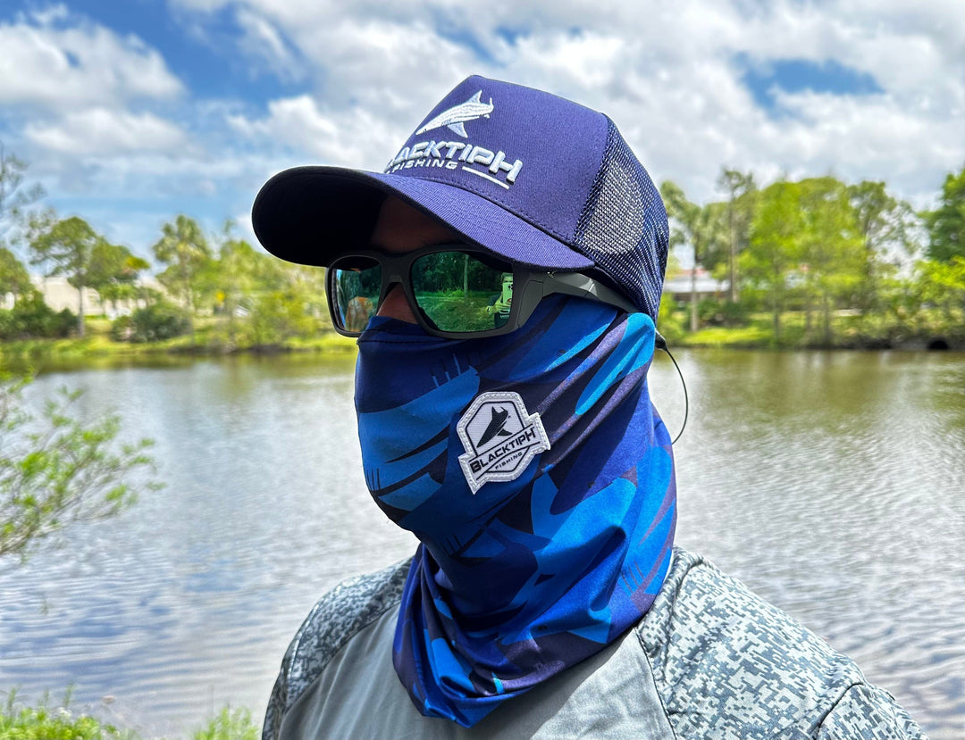 Royal blue performance face shield by BlacktipH, lightweight breathable apparel and accessories for outdoor activities.
