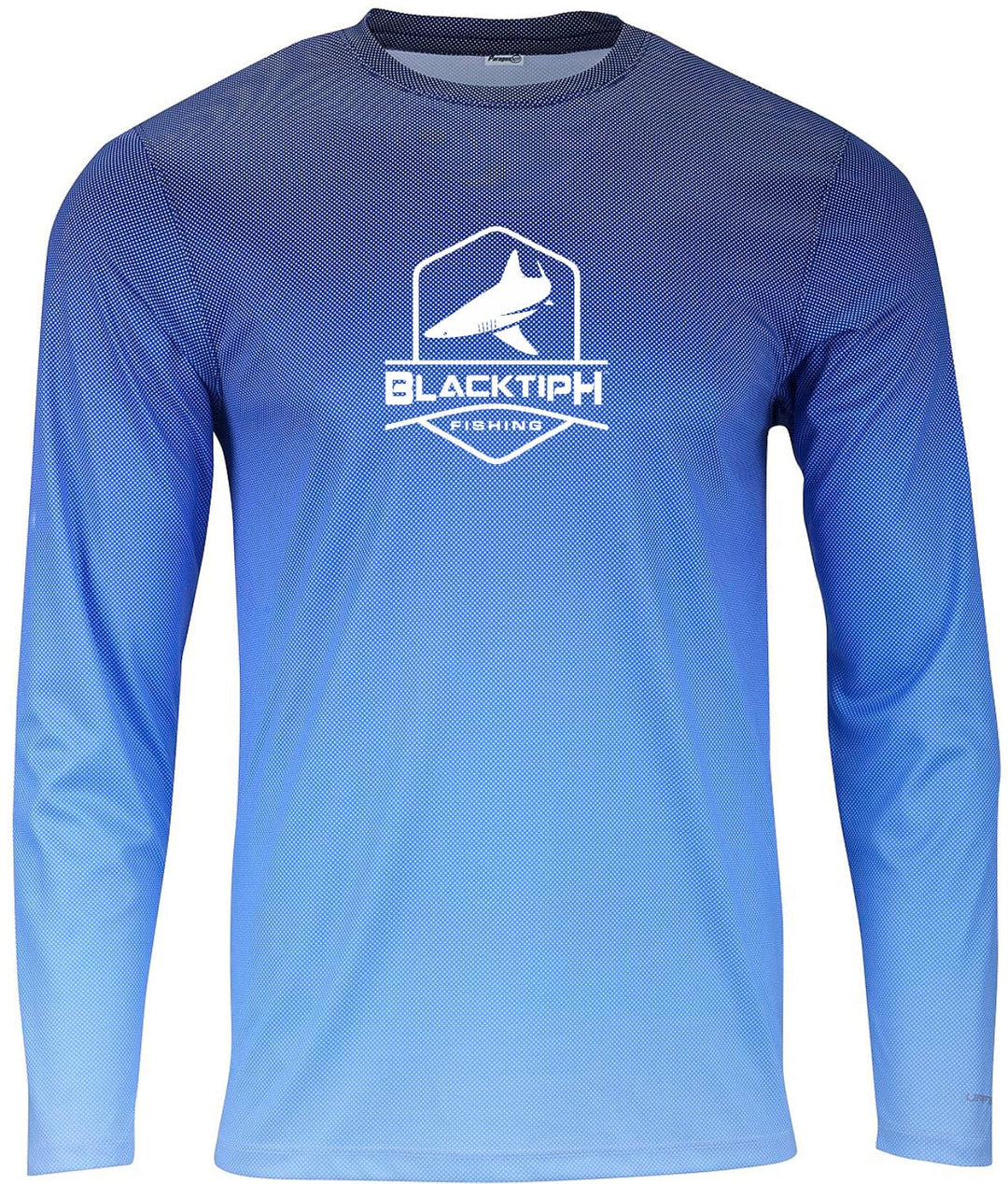 BlacktipH faded blue interlock performance shirt displayed flat, showcasing its lightweight fabric and athletic fit for active wear.