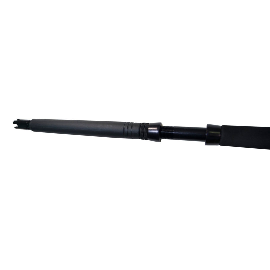 BlacktipH 30-50lb standup fishing rod with carbon fiber wrap, designed for saltwater fishing, featuring a sleek black finish and sturdy grip.