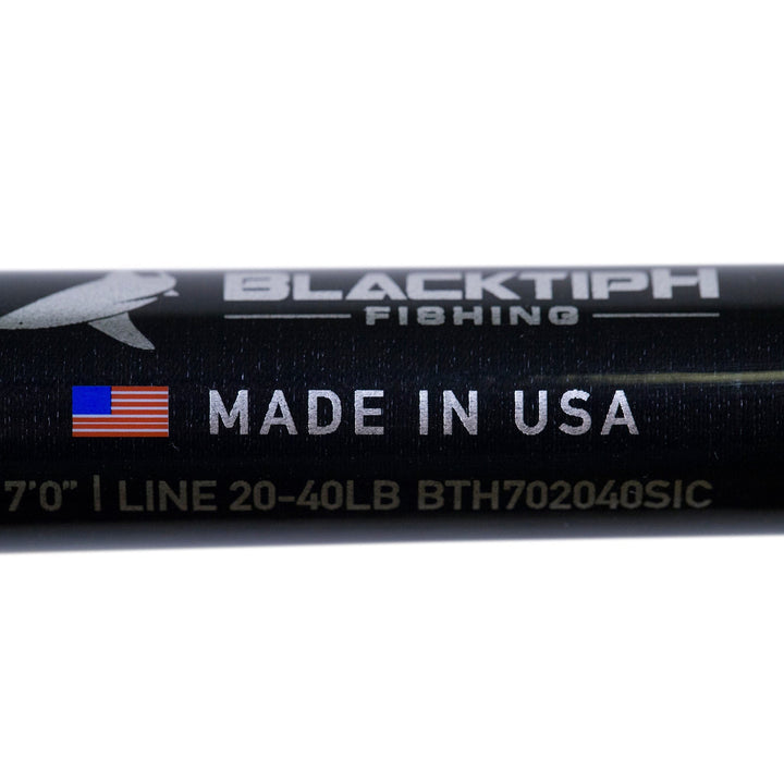 BlacktipH live bait fishing rod with Winthrop Epic butt and carbon fiber wrap, showing the rod's handle and sleek design.
