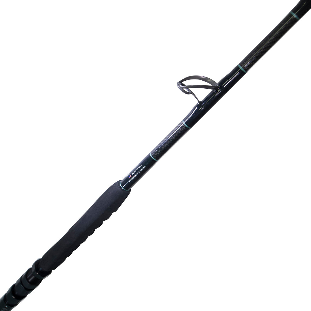 BlacktipH shark fishing rod with Winthrop Terminator butt and carbon fiber wrap, showcasing durable construction and ergonomic design.